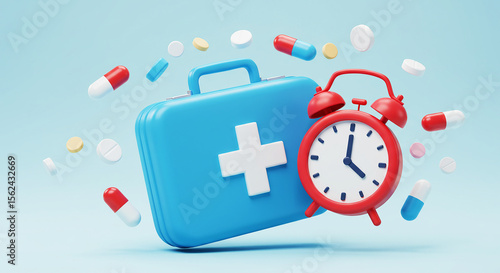 A cartoon image of a first aid kit with a clock and pills floating around on a light blue background