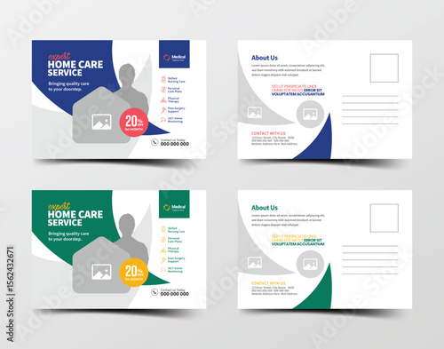 Modern medical postcard template with editable layout and color variations, ideal for home care and elderly care