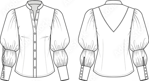 Blouse technical sketch, front and back view, mandarin collar, button-down front, voluminous gathered sleeves, buttoned cuffs, V-yoke back detail, fashion drawing, garment template