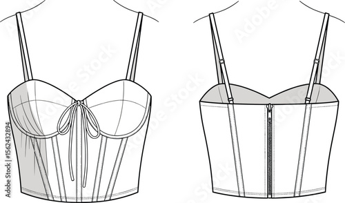 Bustier top technical sketch, front and back view, sweetheart neckline, bow tie detail, adjustable straps, structured seams, back zipper closure, fashion drawing, garment template