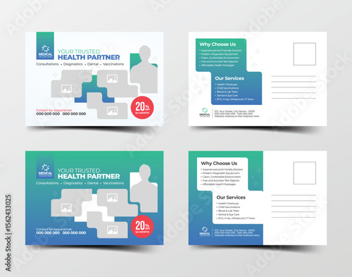 Clean and editable medical postcard template for doctors, clinics, and healthcare service marketing