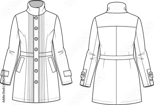 Structured coat technical sketch, front and back view, high collar, button closure, flap pockets, buttoned cuffs, waist seam detail, fashion drawing, garment design template