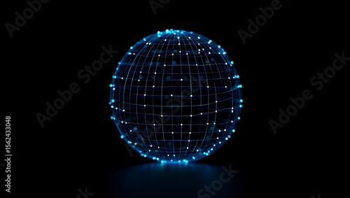 Blue glowing sphere digital network grid nodes globe