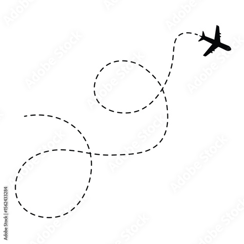 Airplane route icon with dotted curved and looping flight path, flying plane silhouette, abstract aviation navigation line, air travel journey, tourism and transportation vector illustration