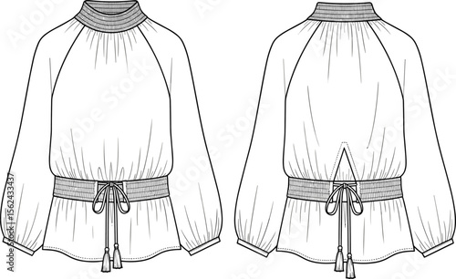 Women's coat fashion sketch, front and back view, high collar design, button closure, pocket detail, stylish outerwear illustration, garment template, technical drawing, fashion design