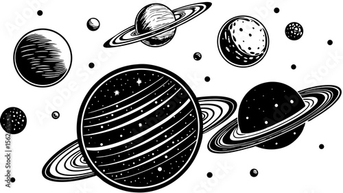 Black and white vector illustration of planets in space, cosmic design, celestial bodies