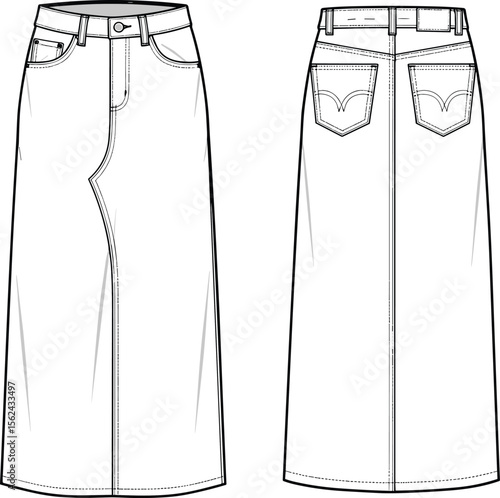 Long denim skirt sketch, front and back view, high waist design, belt loops, button closure, five-pocket style, straight cut, fashion technical drawing, garment template