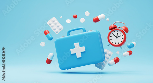 A blue first aid kit with a white cross surrounded by pills and a red alarm clock on a light blue background