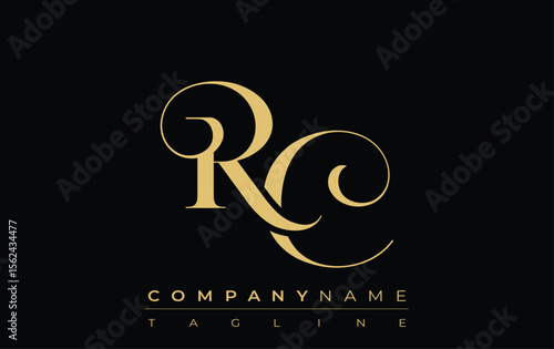 RC Abstract Creative Jewelry Logo. A stylish logo featuring golden monogram initials in an elegant and modern typography, perfect for branding