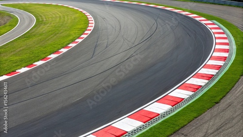 High-angle view of a smooth asphalt race track curve with distinctive red and white kerbs, bordered by lush green grass, perfect for speed and competition themes.

