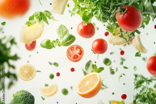 Fresh food ingredients floating in the air create an appealing culinary backdrop, Flying Fresh food background