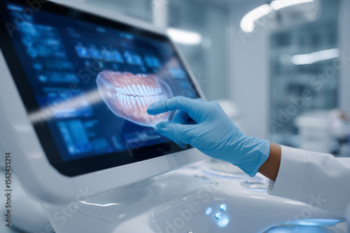 modern dentist scanning teeth with 3D intraoral scanner, futuristic screen interface