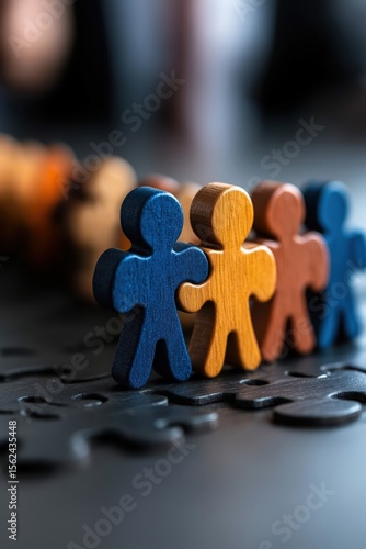 Colorful wooden figures connect on jigsaw puzzle pieces to illustrate teamwork and inclusivity in business practices