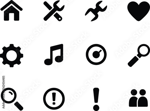 Collection of twelve black simple icons on a white background for user interface design
