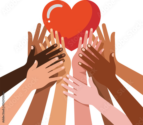 Diverse hands reaching up together holding a red heart symbolizing unity and love