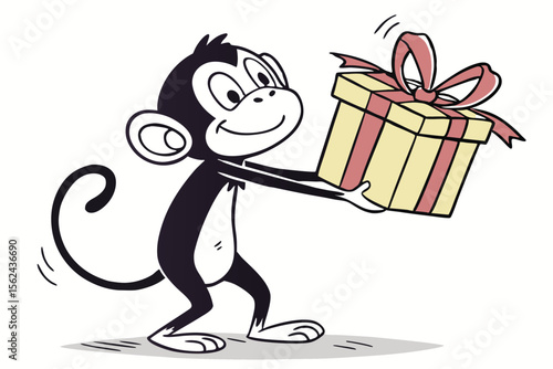 Smiling cartoon monkey happily delivers a tan and pink wrapped present box to someone