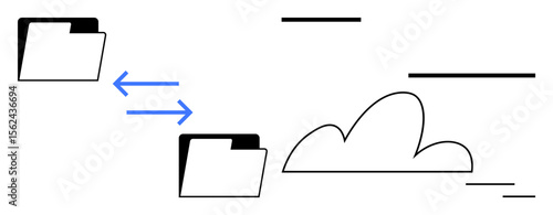 Two file folders connected by arrows represent data exchange, with a cloud icon highlighting cloud storage. Ideal for file transfer, data sharing, collaboration, cloud computing, storage