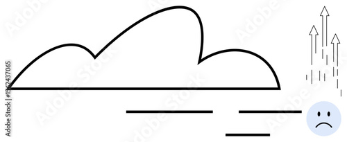 Black outlined storm cloud with horizontal lines suggesting wind, sad face hinting emotional distress, and upward-pointing arrows symbolizing rain or chaos. Ideal for weather, emotion, stress, mental
