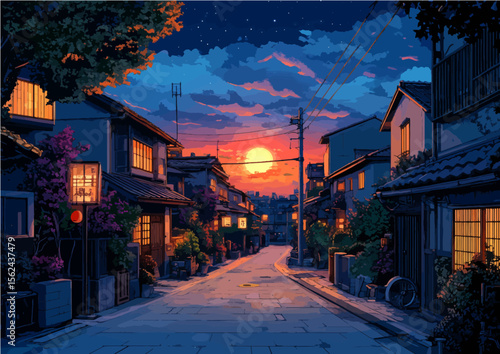 Anime Sunset Street Scene in Traditional Japanese Neighborhood – Cozy Evening Cityscape Vector