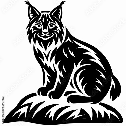 Forest Lynx Sitting on Snowy Rock - Black and White Illustration
