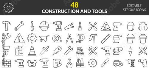 Construction and Tools Icon Set Depicting Various Equipment Including Hammer, Wrench, Drill, Saw, Screwdriver, and Safety Helmet for Building and Repair