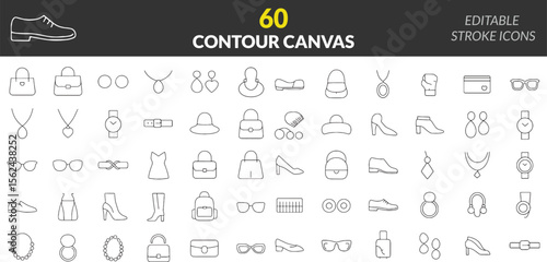 Line Art Fashion Accessories and Clothing Icons Collection on Dark Background, Editable Stroke Pictograms