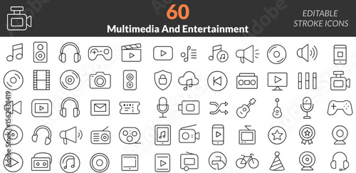 Collection of Multimedia and Entertainment Icons Editable Stroke Style Graphic Resource Elements Compilation Set for Creative Design