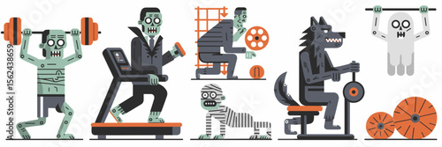 Halloween gym icon sheet with monsters using workout equipment – Ideal for holiday fitness campaigns or themed digital content