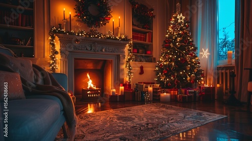 A cozy living room with a fireplace, a chair, and a Christmas tree. Christmas background