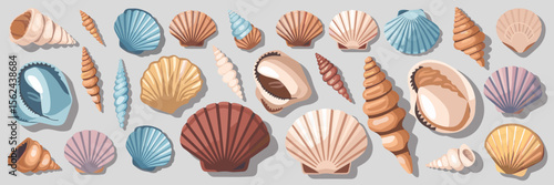 Vector illustration of assorted seashells on white background – Ideal for beach resort branding, nature studies, or ocean-themed design