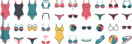 Vector icon sheet of colorful summer swimsuits with beach accessories – Great for seasonal campaigns, lifestyle content, or retail displays