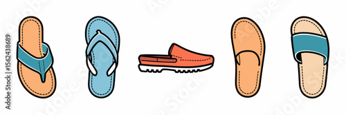 Minimalist icon sheet of summer slippers in flat style – Suitable for fashion design resources, vacation guides, or footwear catalogs