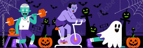 Halloween gym illustration with spooky creatures exercising – Suitable for themed events, Halloween marketing, or fun digital content