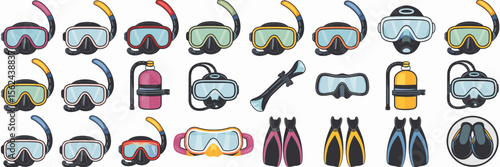 Icon sheet of snorkeling gear including masks, flippers, and tank – Suitable for scuba education, beach vacation content, or water sports media