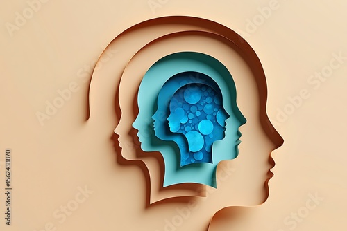 Layered human head profiles reveal inner thoughts and abstract blue circles