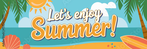 Vector illustration of "let's enjoy summer!" text with beach elements – Suitable for tourism ads, summer promotions, or coastal merchandise