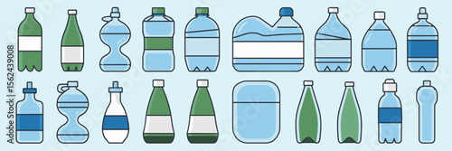 Water bottle icon sheet with colorful designs – Suitable for packaging templates, wellness graphics, or drink-themed visuals