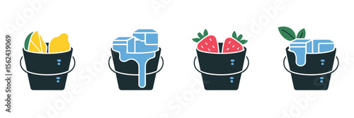 Ice bucket icons with lemon, strawberry, mint, and melting ice – Suitable for beverage packaging, refreshing themes, or party graphics