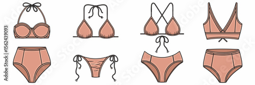 Vector icon sheet of summer bikinis and swimsuits – Great for beachwear catalogs, online shopping interfaces, or fashion branding