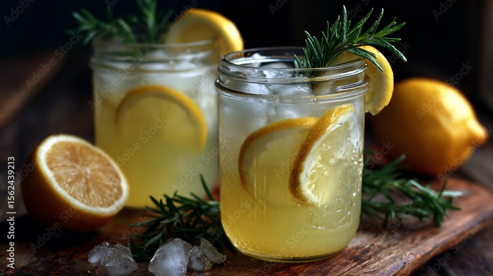 Fototapeta premium A cool summer drink with lemon, rosemary, and ice. It can be lemonade or a cocktail. A refreshing and healthy way to beat the heat!