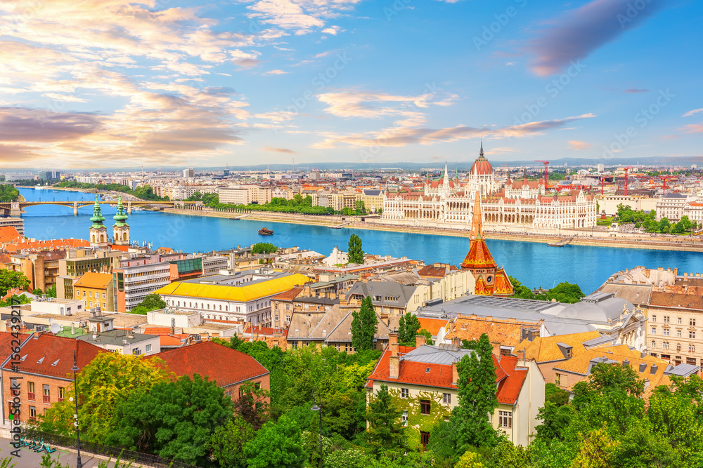 Fototapeta premium Hungarian Parliament and Buda Churches with Danube river view, summer panorama of Budapest