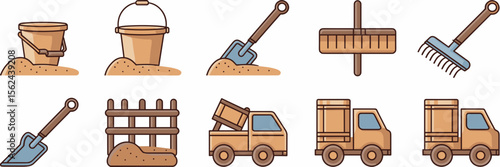 Simplified sand toy icon set with beach bucket and shovel – Ideal for educational apps, beach day promotions, or children’s illustrations
