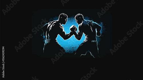 Two boxers fighting in a boxing ring lit by overhead lighting