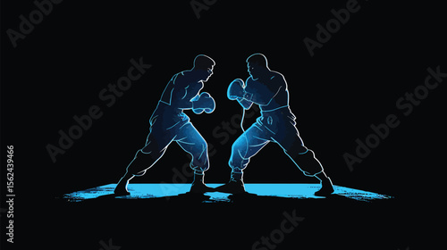 Two boxers fighting in a boxing ring lit by overhead lighting
