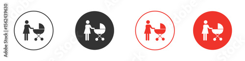 Woman with Baby Stroller icon. Black style vector icons. Isolated sign symbol