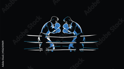 Two boxers fighting in a boxing ring lit by overhead lighting