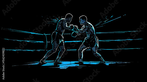 Two boxers fighting in a boxing ring lit by overhead lighting