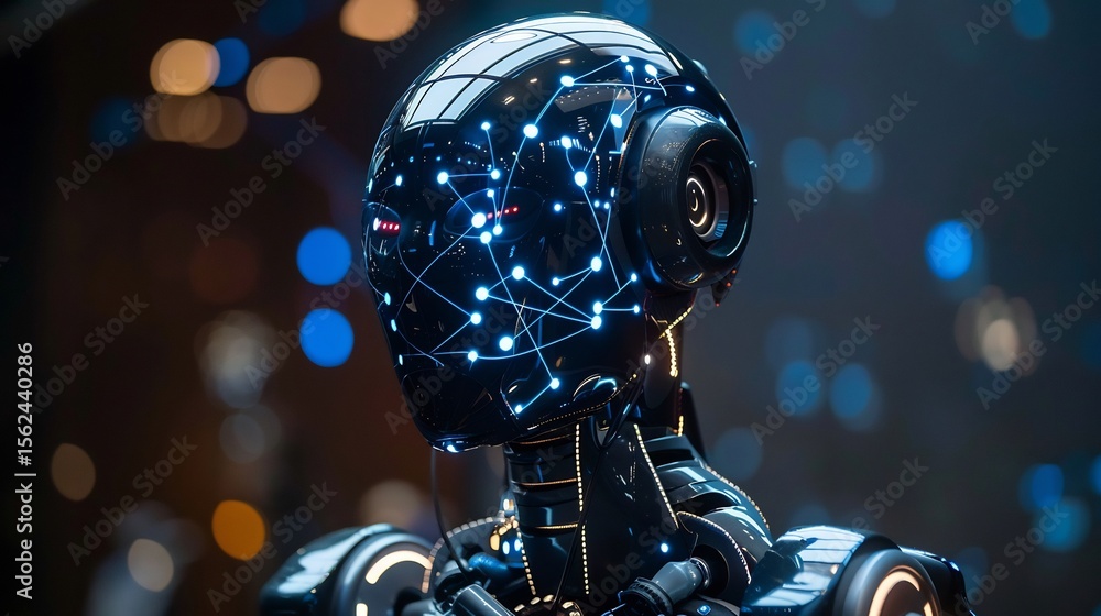 Fototapeta premium Quantum powered AI robot adaptive intelligence glowing neural networks pulsating across its metallic form futuristic cybernetic interface ultra advanced mechanical joints
