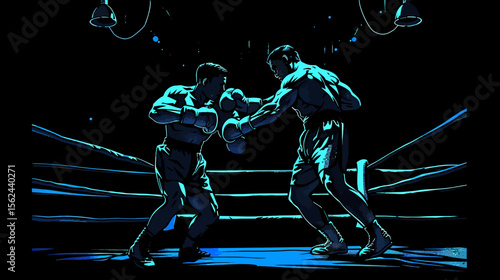 Two boxers fighting in a boxing ring lit by overhead lighting