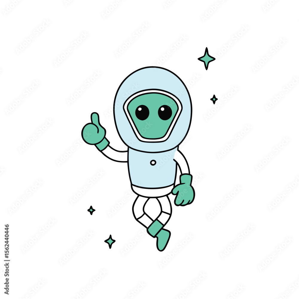 Obraz premium Cute teal alien character wearing a white astronaut helmet and spacesuit